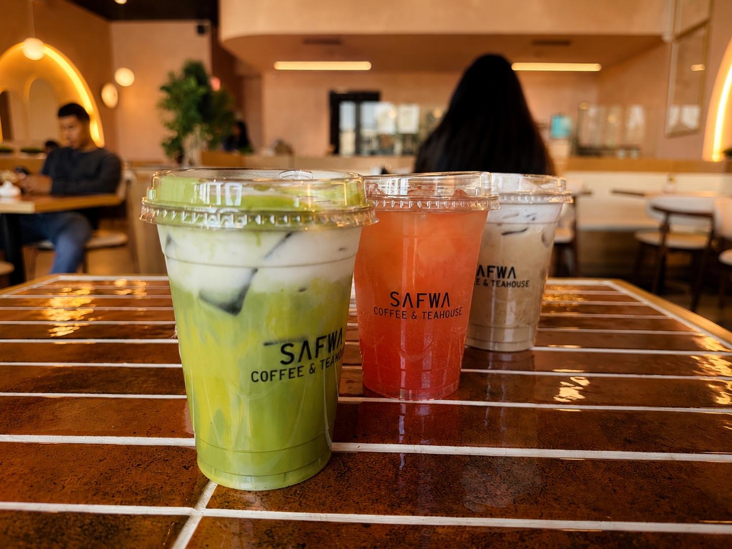 Iced matcha, a watermelon refresher, and an iced latte at Safwa in Westbury, New York