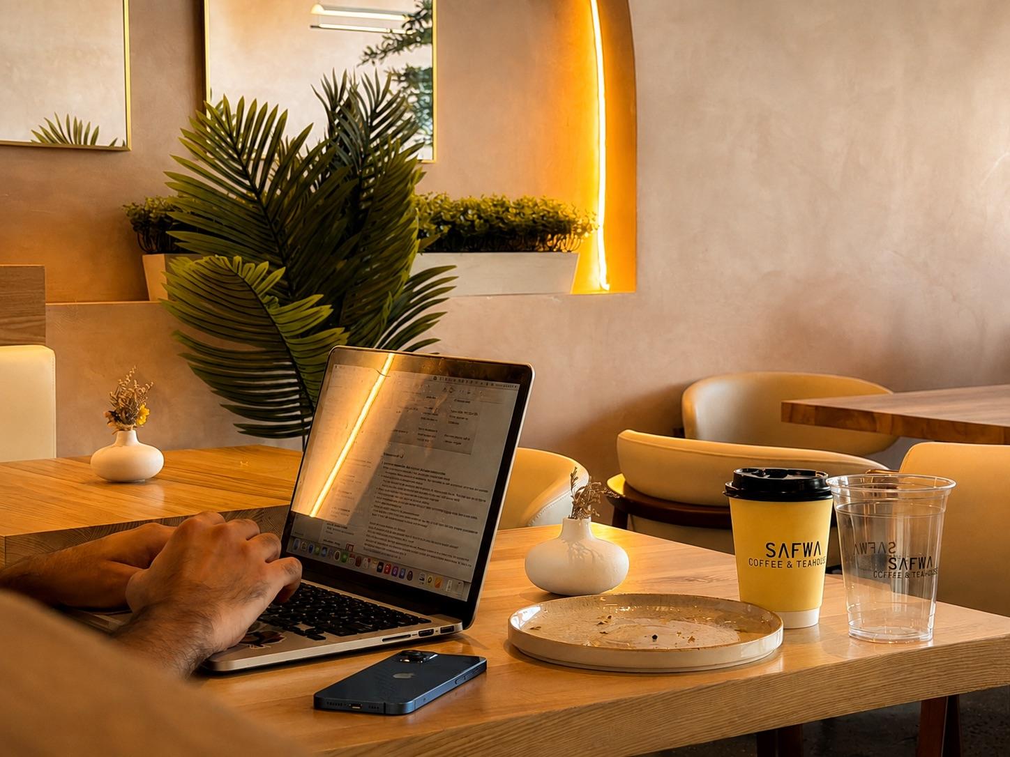 A laptop and coffee on a table in the warm, plant-filled Safwa Westbury room